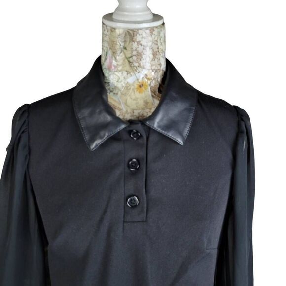 Shelby & Palmer Faux Leather Collar Button Up Sheer Blousy Sleeves Black Dress - Picture 4 of 12